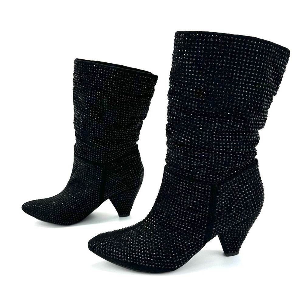 Report Cache Black Boot Size 10 Embellished Pleated/Slouchy Almond Toe Cone Heel